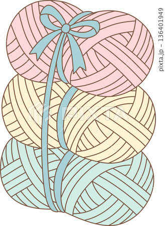 Hand Drawn Minimalist Illustration of Three Pastel Yarn Balls Tied with a Blue Ribbon Bow for Craft and Gift Concept Hand Drawn Minimalist Illustration of Three Pastel Yarn Balls Tied with a Blue Ribbon Bow for Craft and Gift Concept 136401949