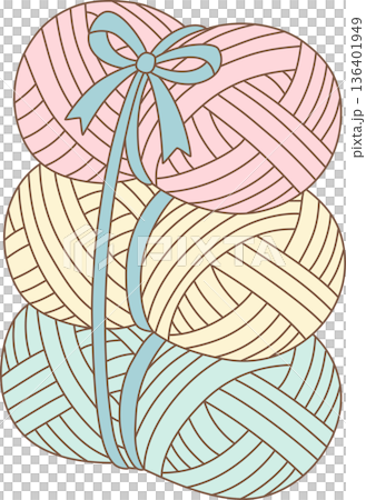 Hand Drawn Minimalist Illustration of Three Pastel Yarn Balls Tied with a Blue Ribbon Bow for Craft and Gift Concept Hand Drawn Minimalist Illustration of Three Pastel Yarn Balls Tied with a Blue Ribbon Bow for Craft and Gift Concept 136401949