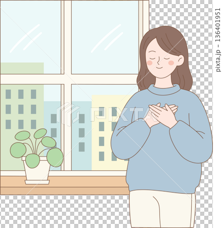 Hand Drawn Minimalist Illustration of a Peaceful Woman Standing by a Window with a Potted Plant Expressing Gratitude and Self Care 136401951