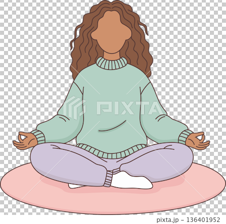 Hand Drawn Minimalist Illustration of a Woman Meditating in Yoga Pose for Wellness and Mindfulness Concept 136401952