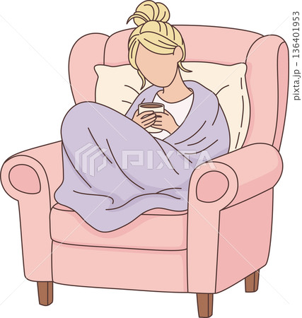 Hand Drawn Minimalist Illustration of a Cozy Woman Wrapped in a Blanket Sitting in a Pink Armchair with a Hot Drink for Comfort and Self Care Concept Hand Drawn Minimalist Illustration of a Cozy Woman Wrapped in a Blanket Sitting in a Pink Armchair with a Hot Drink for Comfort and Self Care Concept 136401953