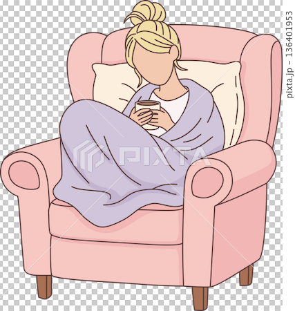 Hand Drawn Minimalist Illustration of a Cozy Woman Wrapped in a Blanket Sitting in a Pink Armchair with a Hot Drink for Comfort and Self Care Concept Hand Drawn Minimalist Illustration of a Cozy Woman Wrapped in a Blanket Sitting in a Pink Armchair with a Hot Drink for Comfort and Self Care Concept 136401953