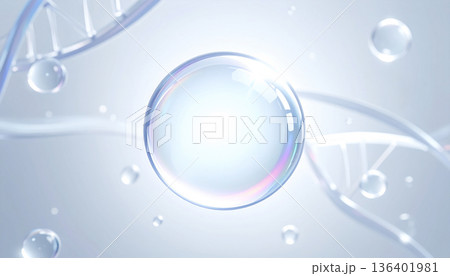 DNAと透明バブルの美容サイエンス背景　コラーゲン・スキンケア成分イメージ（クリーン／ブルー） 136401981