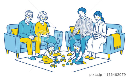 三世代家族がリビングで団らんし子どもがブロック遊びをするイラスト 136402079