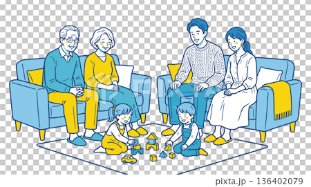 三世代家族がリビングで団らんし子どもがブロック遊びをするイラスト 136402079