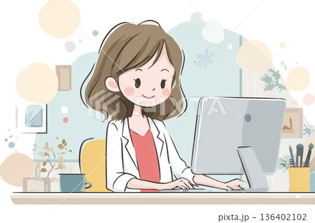 パソコンで仕事をする女性｜現代的なオフィスワークのイラスト 136402102