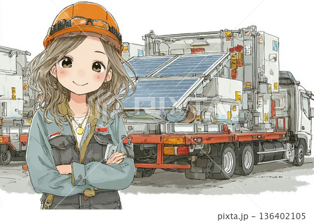 太陽光パネルの運搬を管理する女性作業員｜再生可能エネルギーと物流の現場イラスト 136402105