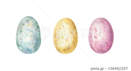 Easter colored eggs clip art watercolor illustration on isolated background. Pink, yellow, pink speckled bird egg clip art. Traditional spring holiday symbol. Decorative elements for greeting cards. 136402207