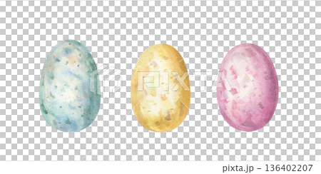 Easter colored eggs clip art watercolor illustration on isolated background. Pink, yellow, pink speckled bird egg clip art. Traditional spring holiday symbol. Decorative elements for greeting cards. 136402207