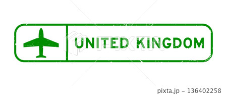 Grunge green united kingdom word with plane icon square rubber seal stamp on white background 136402258
