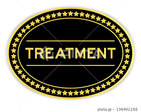 Black and gold color oval label sticker with word treatment on white background 136402288