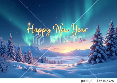 「Happy New Year」雪山の上空に揺らめくオーロラ ai 「Happy New Year」雪山の上空に揺らめくオーロラ ai 136402320