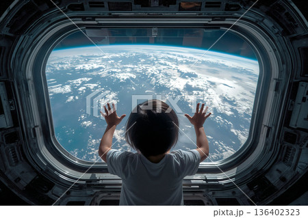 船内から望む地球、見つめる子供の背中、宇宙旅行イメージ ai 136402323