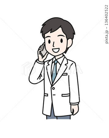 スマホで電話をする白衣姿の医療関係者の男性のイラスト素材 136402522