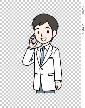 スマホで電話をする白衣姿の医療関係者の男性のイラスト素材 136402522