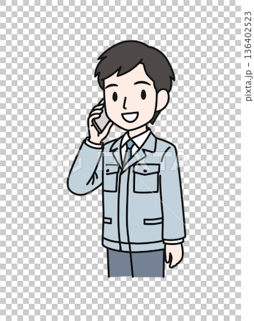 插畫素材:一名身穿工作服的技術工人正在用智慧型手機打電話。 插畫素材:一名身穿工作服的技術工人正在用智慧型手機打電話。 136402523