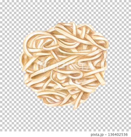 Boiled spaghetti for Italian cuisine watercolor illustration on isolated background. Top view. Pasta or noodles ingredient garnish, ramen, vermicelli soup. Ingredient for restaurant menu. 136402536