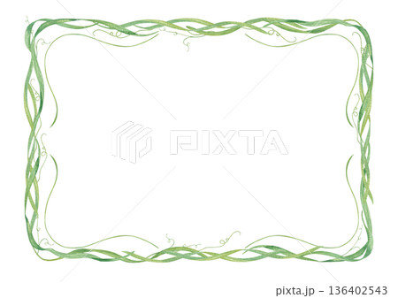 Spring green curling shoots with tender tendrils horizontal border. watercolor grass blades rectangle frame on isolated background. Green plant illustration for label, greeting card, invitation. 136402543