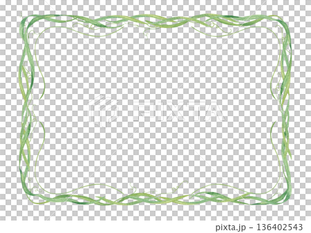 Spring green curling shoots with tender tendrils horizontal border. watercolor grass blades rectangle frame on isolated background. Green plant illustration for label, greeting card, invitation. 136402543