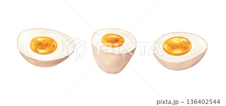 Marinated soy soft boiled eggs clip art watercolor illustration on isolated background. Brownish tint of egg white. Ajitsuke Tamago or Ajitama ingredient set for ramen soup, Asian restaurant menus. 136402544