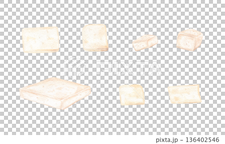 Tofu cubes watercolor illustration clip art on isolated background. White mold cheese, brie or camembert set. Asian cuisine, vegan food. For food packaging, gourmet cookbooks, menu. 136402546