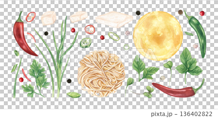 Asian cuisine ingredients set for spicy ramen soup watercolor illustration on isolated background. Fresh red and green chili pepper, tofu, herbs, broth and boiled noodles clip art for menu, blog. 136402822