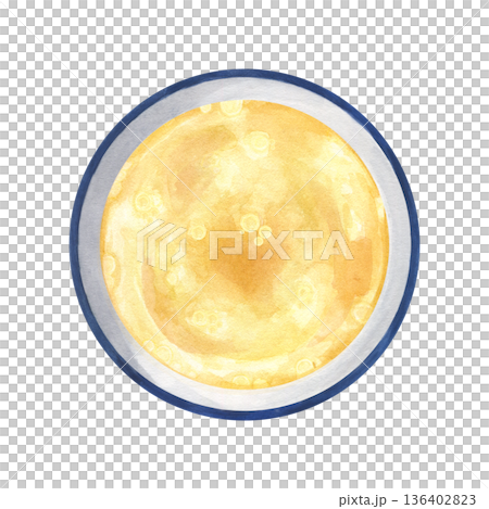 Aromatic hot broth in plate watercolor illustration on isolated background. Top view. Golden creamy broth made from chicken, beef or pork. Homemade meat bouillon in bowl, healthy food for menu. 136402823