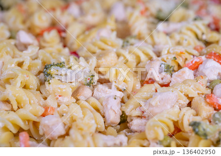 Studio shot emphasizing spiral shapes and sauce texture in detail. Detailed macro image showcasing creamed fusilli spiral pasta with grated garnish under studio lighting 136402950
