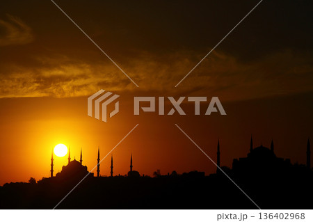 Sillhouette of Istanbul at sunset.  Ramadan time with the muslim city istanbul silhouette 136402968