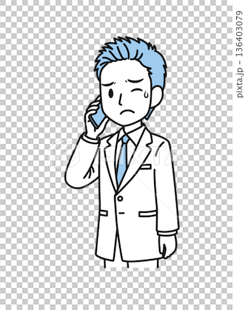 スマホで嫌な内容の電話をする白衣姿の医療関係者の男性のイラスト素材 スマホで嫌な内容の電話をする白衣姿の医療関係者の男性のイラスト素材 136403079