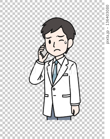 スマホで嫌な内容の電話をする白衣姿の医療関係者の男性のイラスト素材 スマホで嫌な内容の電話をする白衣姿の医療関係者の男性のイラスト素材 136403080