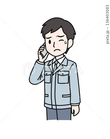 スマホで嫌な内容の電話をする作業服の技術職の男性のイラスト素材 スマホで嫌な内容の電話をする作業服の技術職の男性のイラスト素材 136403083