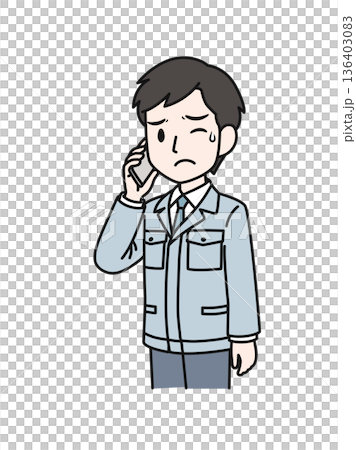 スマホで嫌な内容の電話をする作業服の技術職の男性のイラスト素材 スマホで嫌な内容の電話をする作業服の技術職の男性のイラスト素材 136403083