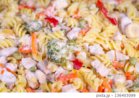 Bright fusilli salad with mixed vegetables, meal prep bowl styled for office lunch, peas, sweet peppers, shredded carrots and corn, chilled dressing, vibrant color Bright fusilli salad with mixed vegetables, meal prep bowl styled for office lunch, peas, sweet peppers, shredded carrots and corn, chilled dressing, vibrant color 136403099