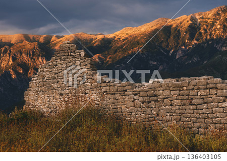 Ruins of Borsh Castle Fortress Walls at Sunset 136403105