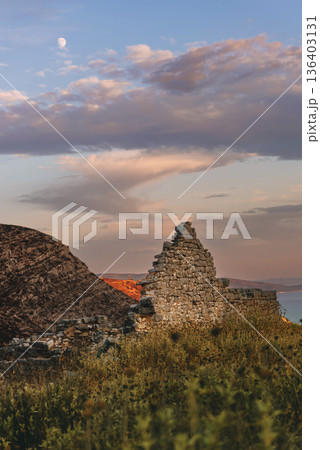 Ruins of Borsh Castle Overlooking Ionian Sea 136403131