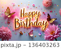 「Happy Birthday」色彩の飛沫と蝶が舞う、立体文字による祝賀アートai 136403263