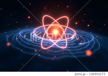 原子モデル イメージ　黒い背景に原子核と電子の軌道科学イラスト ai 136403273