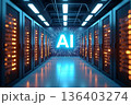 データセンターの通路に映し出されたホログラムの「AI」アイコン 136403274