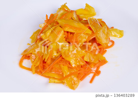 Probiotic kimchi style cabbage and carrot, light crunchy mouthfeel, nutritious fiber rich side with sesame notes, vibrant color for plantbased mealprep and wellness photography 136403289