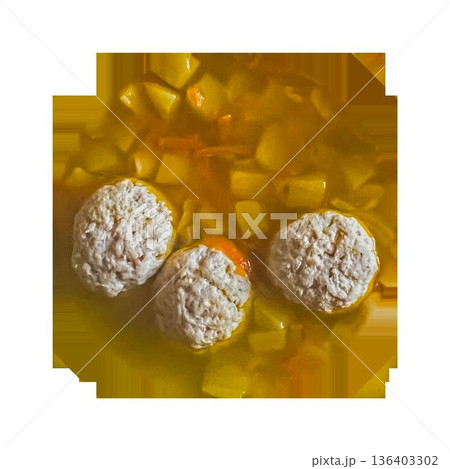 Traditional homemade meat dumpling soup in rustic bowl. High quality photo Traditional homemade meat dumpling soup in rustic bowl. High quality photo 136403302