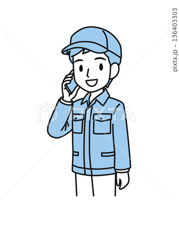 スマホで電話をする帽子を被った作業服の男性のイラスト素材 スマホで電話をする帽子を被った作業服の男性のイラスト素材 136403303