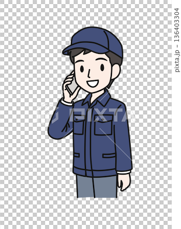 スマホで電話をする帽子を被った作業服の男性のイラスト素材 136403304