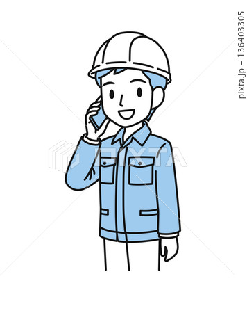スマホで電話をするヘルメットを被った作業服の男性のイラスト素材 スマホで電話をするヘルメットを被った作業服の男性のイラスト素材 136403305