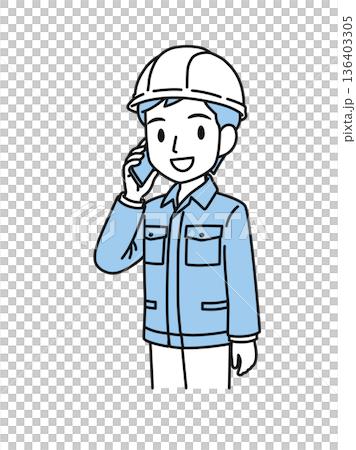 插畫素材:一名身穿工作服、頭戴安全帽的男子正在用智慧型手機打電話 插畫素材:一名身穿工作服、頭戴安全帽的男子正在用智慧型手機打電話 136403305