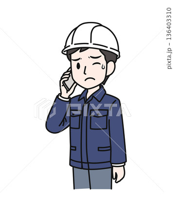 スマホで嫌な内容の電話をするヘルメットを被った作業服の男性のイラスト素材 136403310