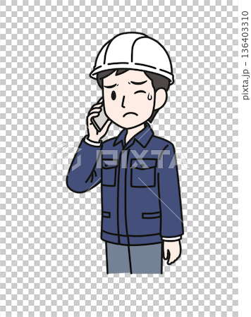 Illustration material of a man in work clothes wearing a helmet making unpleasant phone calls on his smartphone 136403310