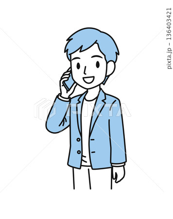 スマホで電話をするカジュアルスタイルの男性のイラスト素材 136403421