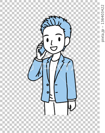 スマホで電話をするカジュアルスタイルの男性のイラスト素材 136403422