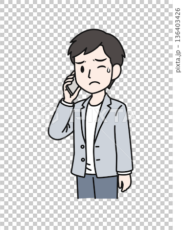 插畫素材：一位穿著休閒的男士正在用智慧型手機撥打一個令人不快的電話。 136403426
